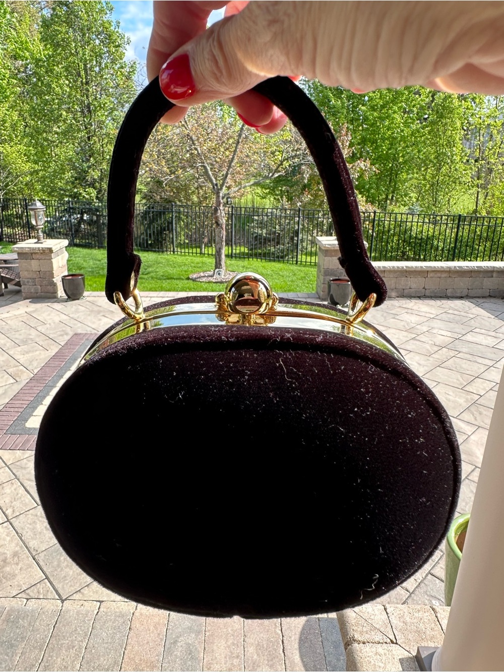 Vintage Lord & Taylor Black Velvet Oval Top-Handle Bag with Gold Hardware